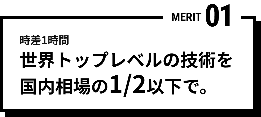 MERIT 01 時差1時間 世界トップレベルの技術を国内相場の1/2以下で。